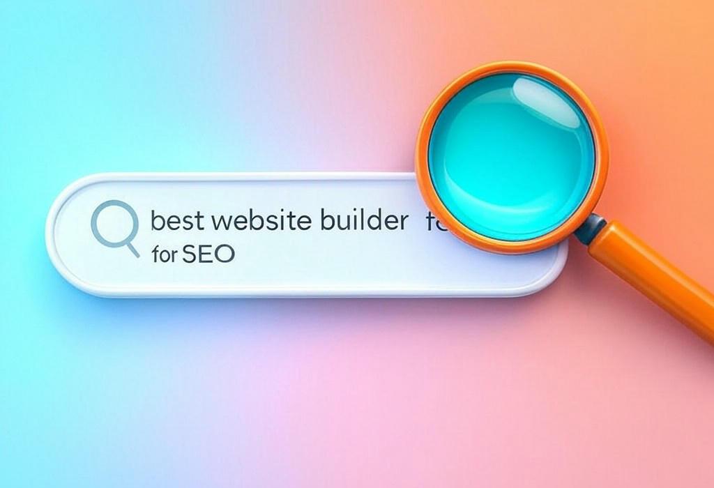 A search bar and a magnifying glass with a vivid gradient background exploring the topic of Looking for the best website builder for SEO? Find out which platform will skyrocket your rankings and help you attract more visitors without complex coding knowledge. Get found online now!