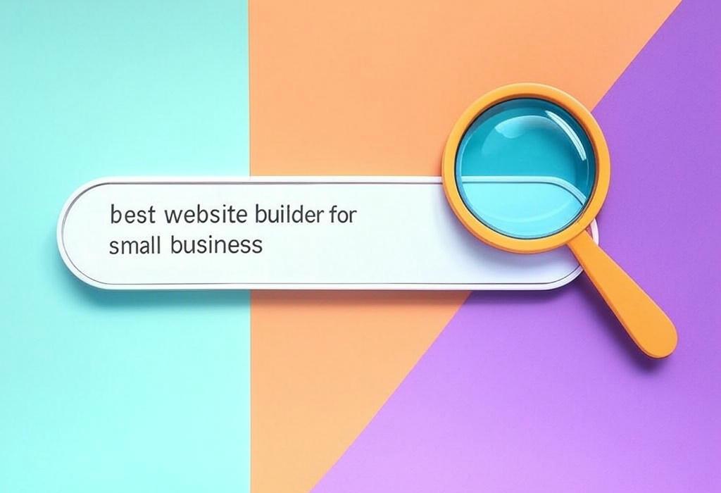 A search bar and a magnifying glass with a vivid gradient background exploring the topic of Discover the best website builder for small business owners! Say goodbye to tech headaches and hello to stunning, affordable websites that convert visitors into customers. No coding required.