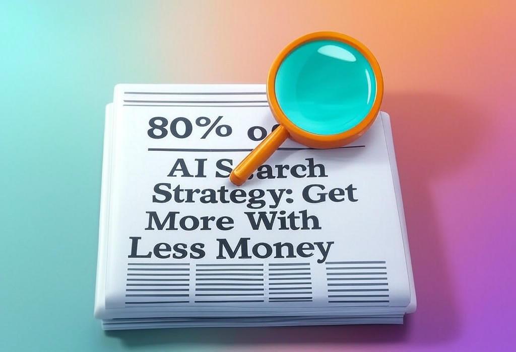 A newspaper and a magnifying glass with a vivid gradient background exploring the topic of AI search strategy feeling impossible on a budget? Discover simple ways to use AI for SEO wins, even with few resources. Boost your site without emptying your wallet!