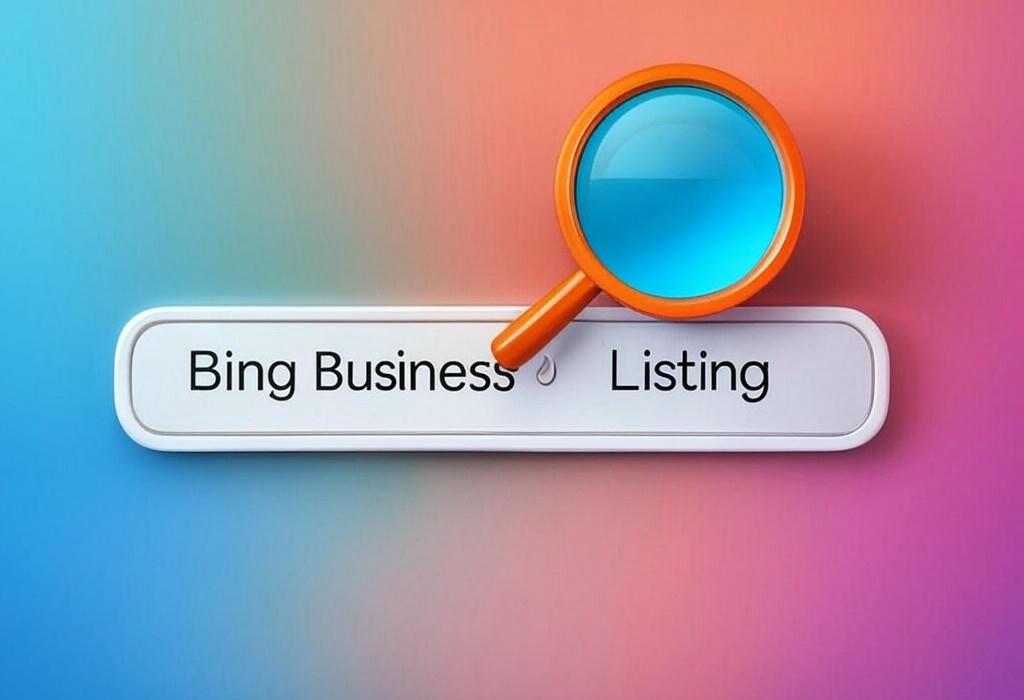 A search bar and a magnifying glass with a vivid gradient background exploring the topic of Boost your Bing Business Listing today! Claim your spot, improve local visibility, and attract more customers with our simple guide. Why stay hidden when you can stand out?