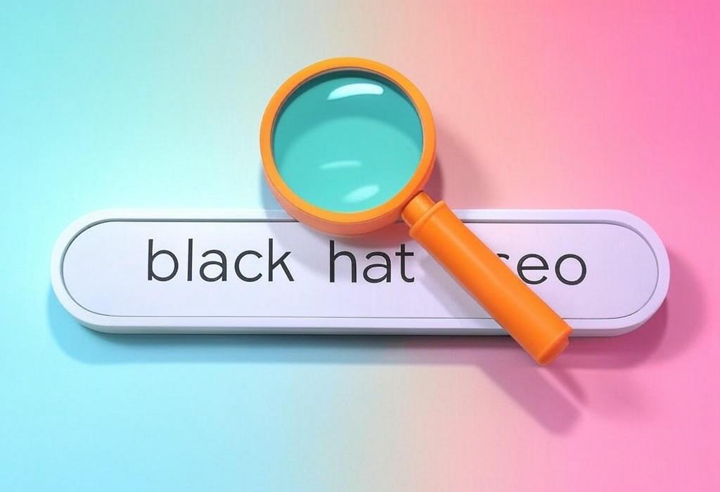 A search bar and a magnifying glass with a vivid gradient background exploring the topic of Black hat SEO tricks might boost rankings fast, but at what cost? Discover the risky tactics that could get your site penalized or banned from search engines forever. Stay safe!