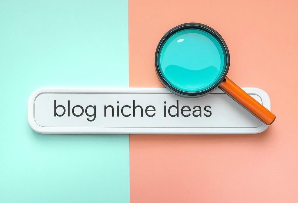A search bar and a magnifying glass with a vivid gradient background exploring the topic of Discover blog niche ideas that actually make money! Uncover profitable topics most beginners miss and start creating content people can't wait to read. Your perfect blogging niche awaits!