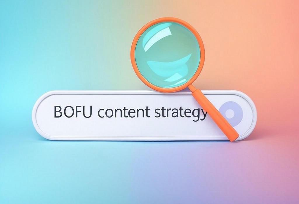 A search bar and a magnifying glass with a vivid gradient background exploring the topic of BOFU content strategy transforms leads into customers. Discover how to craft content that speaks to ready-to-buy prospects and skyrocket your conversion rates. Don't miss these proven tactics!