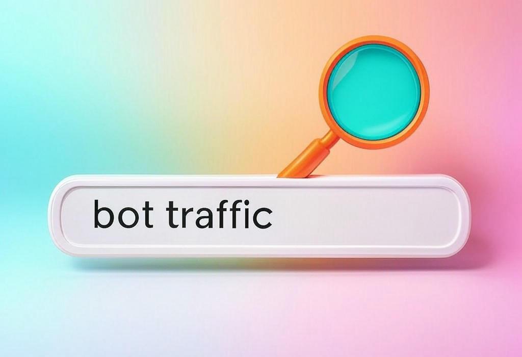 A search bar and a magnifying glass with a vivid gradient background exploring the topic of Bot traffic crushing your site's performance? Learn to identify unwanted bots, protect your data, and boost site speed with our easy-to-follow guide to managing automated visitors.