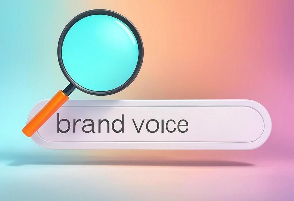 A search bar and a magnifying glass with a vivid gradient background exploring the topic of Brand voice creates unforgettable connections with your audience. Discover how to craft a unique tone that stands out from competitors and makes customers fall in love with your brand.