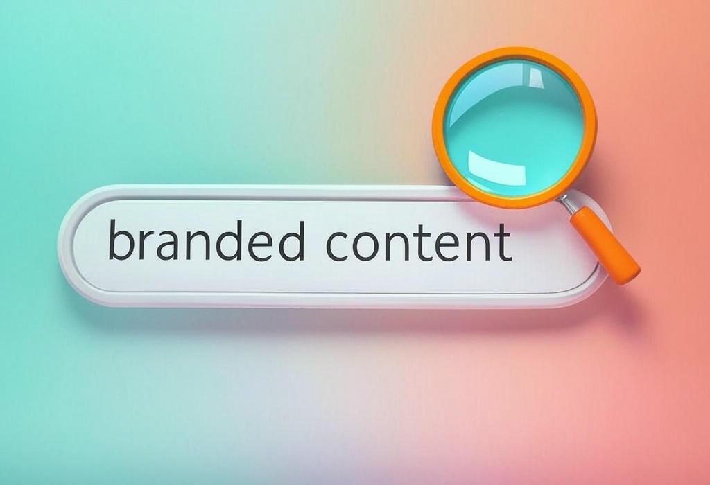 A search bar and a magnifying glass with a vivid gradient background exploring the topic of Branded content connects your audience to your story in ways traditional ads can't. Discover how to create memorable brand experiences that drive engagement and build lasting customer relationships.