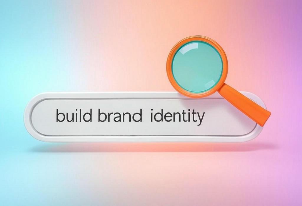 A search bar and a magnifying glass with a vivid gradient background exploring the topic of Build brand identity that captivates your audience and sets you apart from competitors. Learn proven strategies to create a memorable, authentic brand that customers will love and remember.