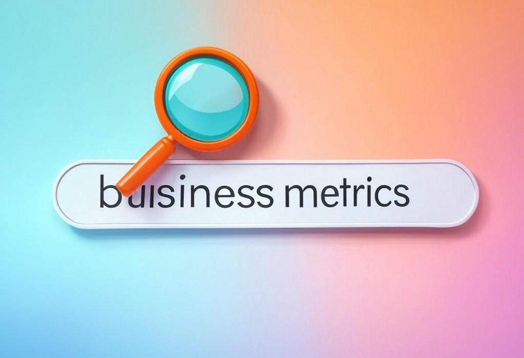 A search bar and a magnifying glass with a vivid gradient background exploring the topic of Business metrics that matter! Learn to track, measure, and boost your company's performance with our expert guide. Stop guessing, start growing your bottom line today.