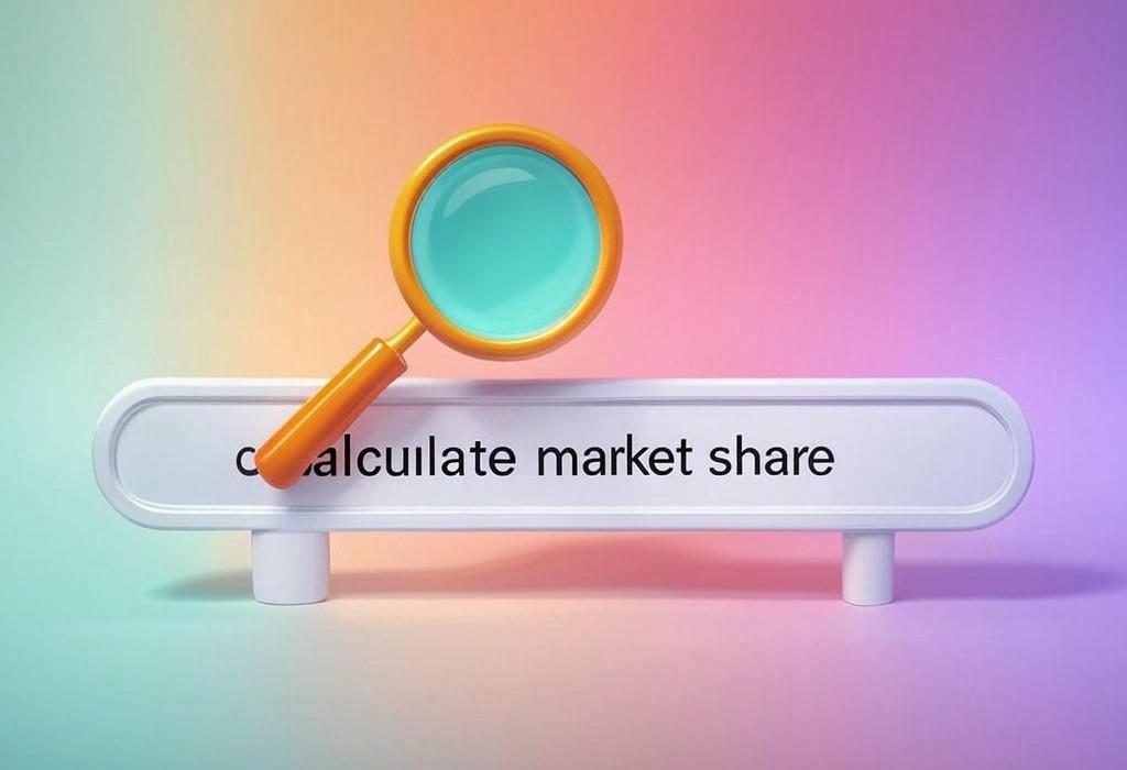 A search bar and a magnifying glass with a vivid gradient background exploring the topic of Calculate market share easily with our proven formulas and expert tips. Discover how to measure your business's performance and outshine competitors in any industry.