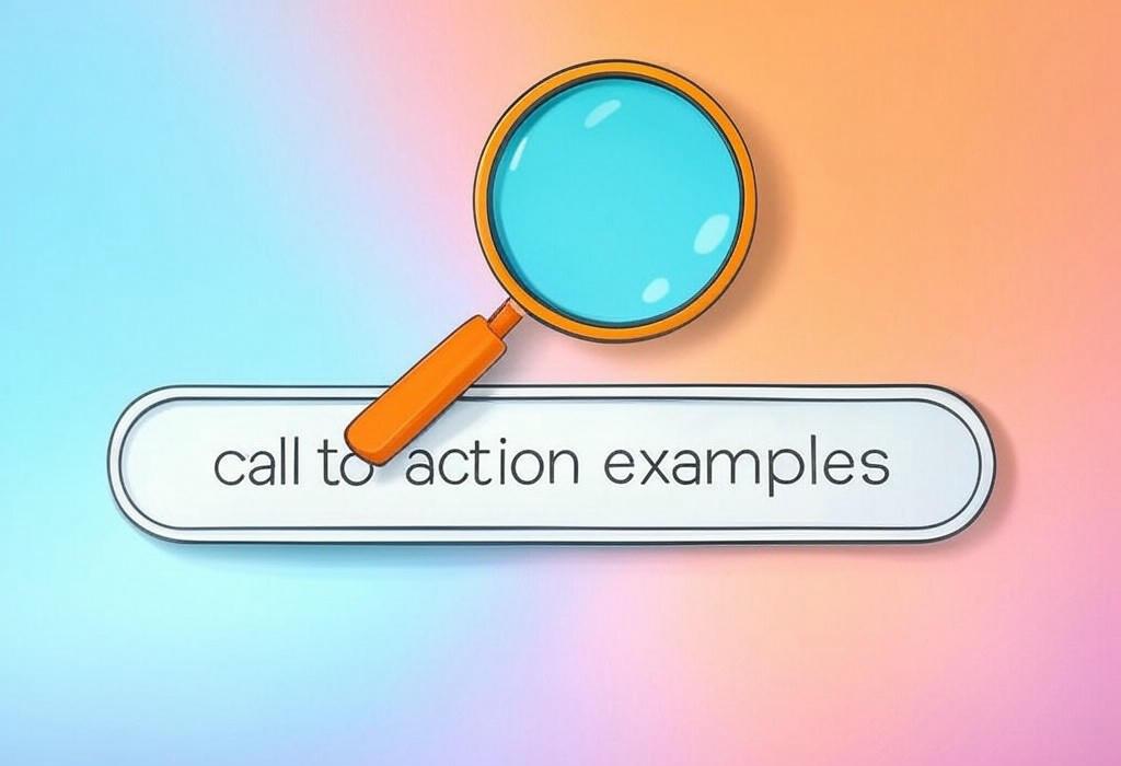 A search bar and a magnifying glass with a vivid gradient background exploring the topic of Call to action examples that'll skyrocket your conversion rates! Discover proven CTAs that make visitors click, buy, and subscribe. Boost your marketing results today.