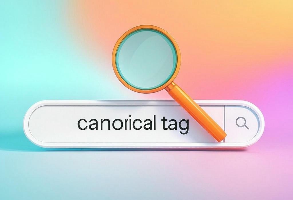 A search bar and a magnifying glass with a vivid gradient background exploring the topic of A canonical tag helps search engines know which page version to show in results, preventing duplicate content issues and boosting your SEO. Learn how to use it properly!