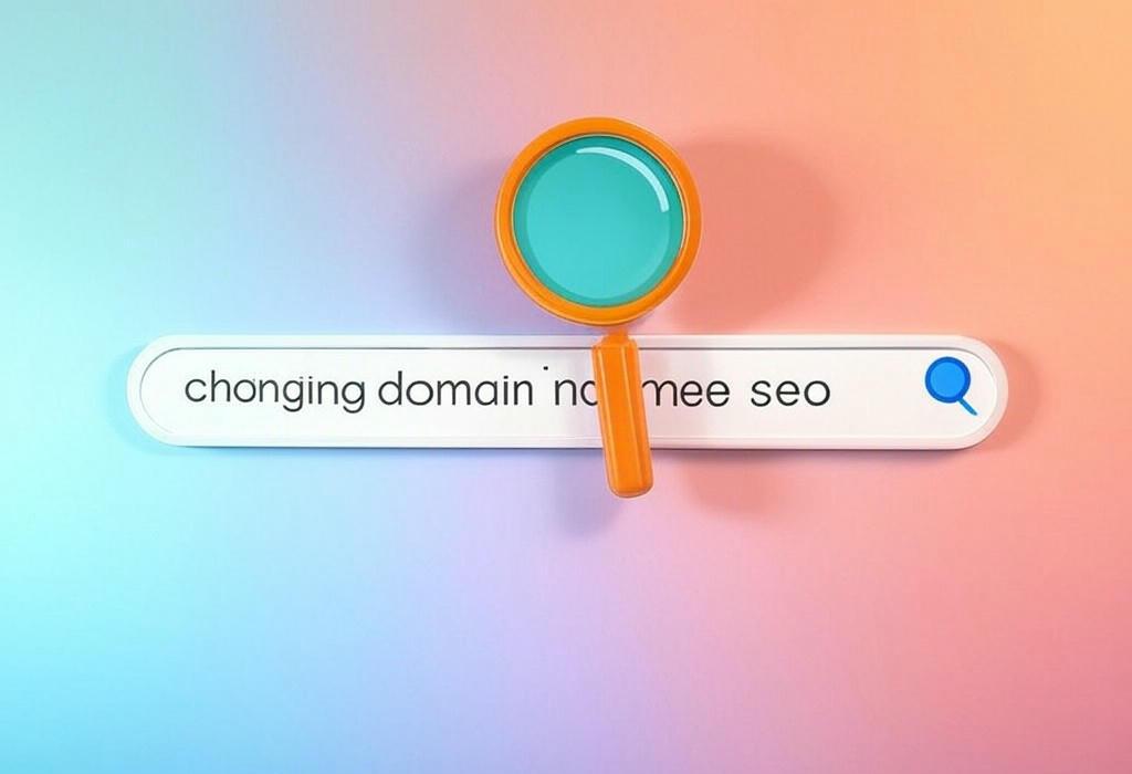 A search bar and a magnifying glass with a vivid gradient background exploring the topic of Changing domain name? SEO doesn't have to suffer! Discover proven strategies to maintain rankings, keep traffic flowing, and avoid costly mistakes during your website's big move. Click for expert guidance!