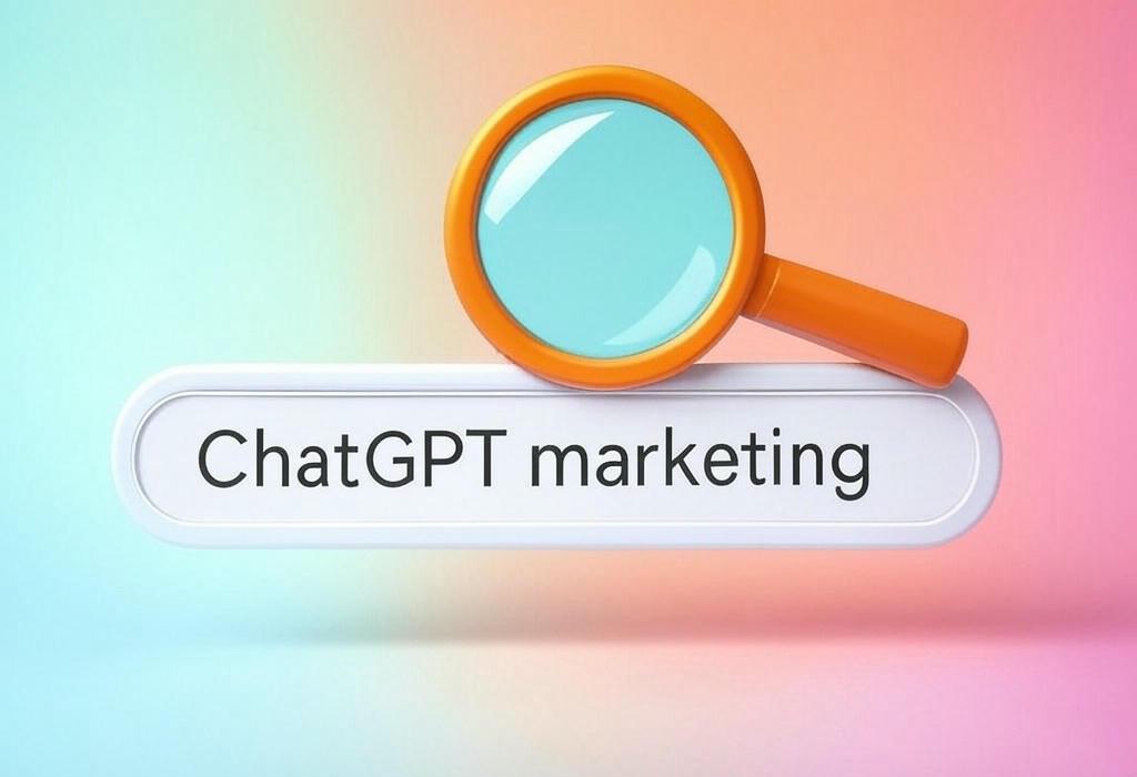 A search bar and a magnifying glass with a vivid gradient background exploring the topic of ChatGPT marketing transforms your strategy with AI-powered content that converts. Learn how to leverage this game-changing tool to outshine competitors and drive real results!