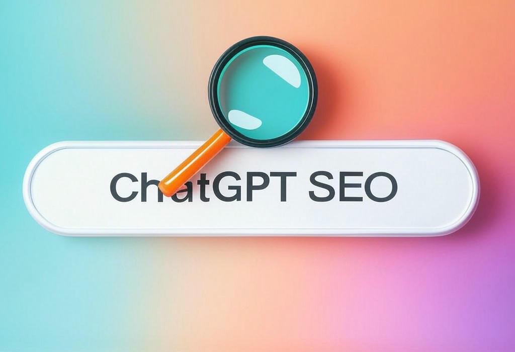 A search bar and a magnifying glass with a vivid gradient background exploring the topic of ChatGPT SEO unleashed: Discover how AI can skyrocket your rankings, create killer content, and outsmart competitors while saving hours of work. Ready to transform your strategy?