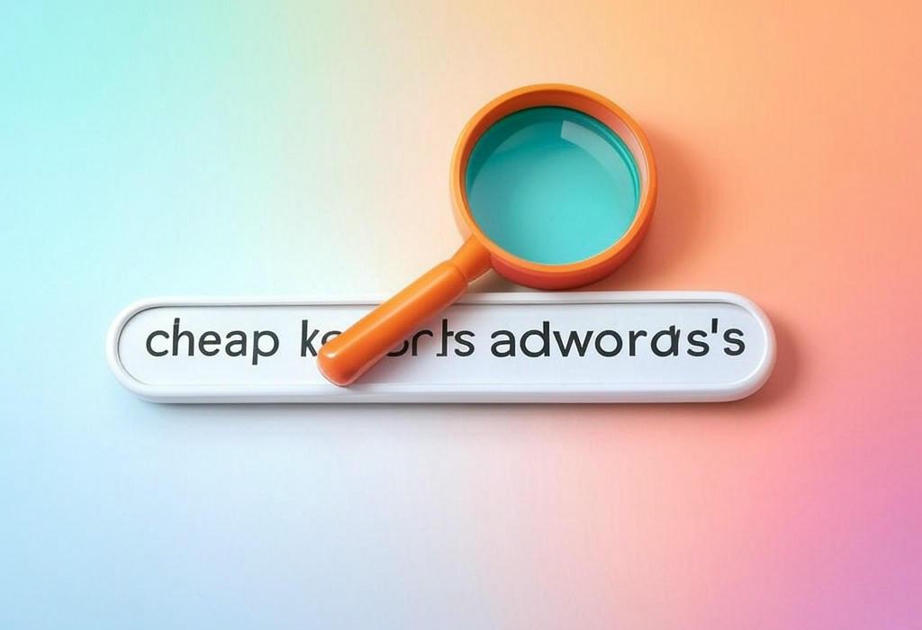 A search bar and a magnifying glass with a vivid gradient background exploring the topic of Cheap keywords AdWords: Discover how to find budget-friendly, high-performing search terms that boost your campaigns without breaking the bank. Save money while maximizing your ad reach!