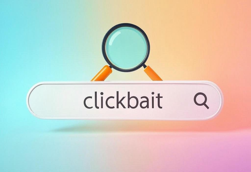A search bar and a magnifying glass with a vivid gradient background exploring the topic of Clickbait: The shocking truth about those irresistible headlines that make you click! Discover the psychology behind why you can't look away and how to spot these traps online.