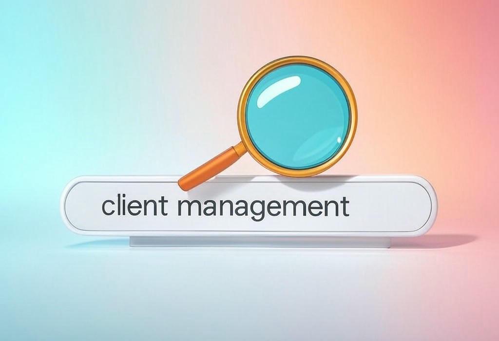 A search bar and a magnifying glass with a vivid gradient background exploring the topic of Client management made simple! Learn proven strategies to keep customers happy, boost retention, and increase revenue. Say goodbye to communication headaches and hello to long-lasting relationships.