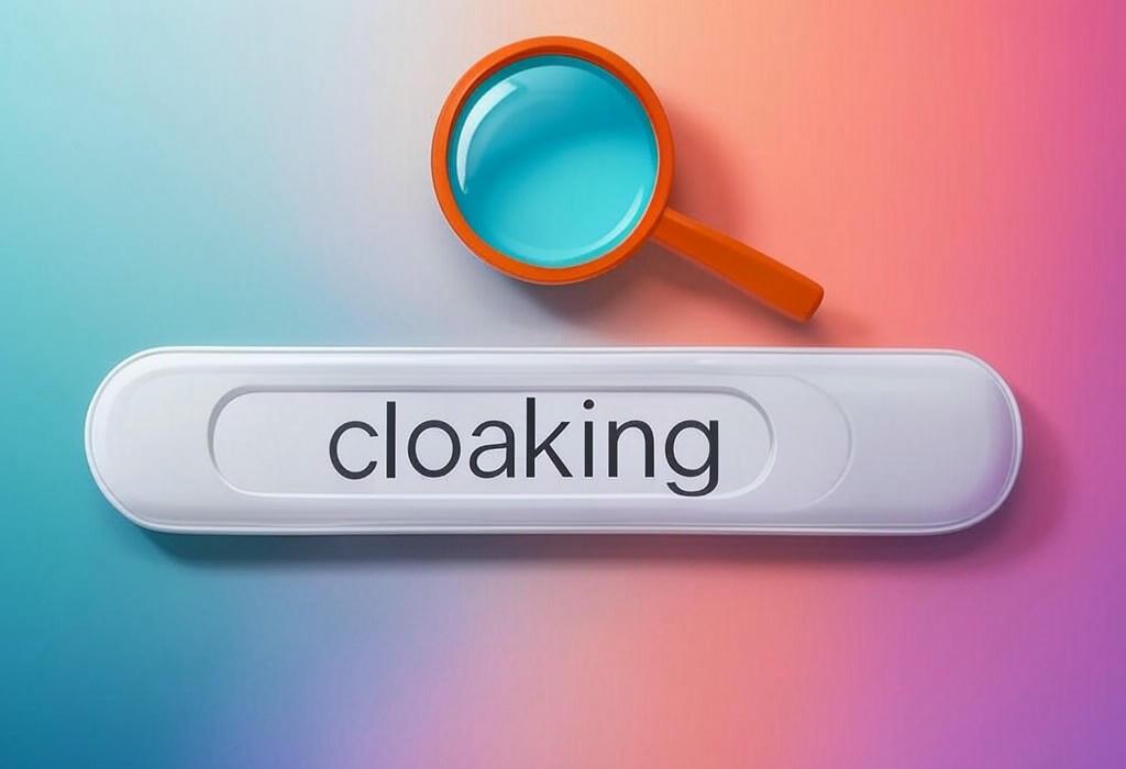 A search bar and a magnifying glass with a vivid gradient background exploring the topic of Cloaking: the SEO trick that could get your site banned! Discover how this risky tactic works, why Google hates it, and what legitimate alternatives keep your rankings safe.