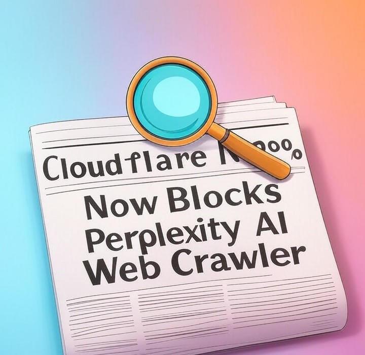A newspaper and a magnifying glass with a vivid gradient background exploring the topic of Cloudflare now blocks Perplexity AI's crawler. Why did the web giant delist this popular AI search tool? See what this means for your website's content and data.