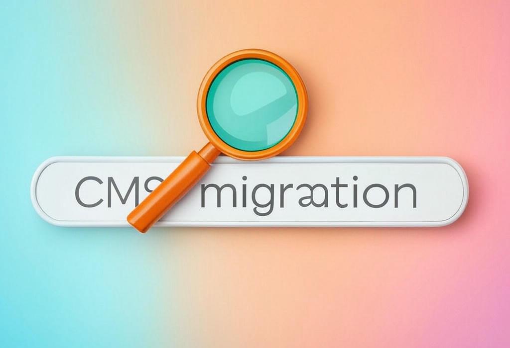 A search bar and a magnifying glass with a vivid gradient background exploring the topic of CMS migration made simple: Discover our step-by-step guide to smoothly transfer your website without losing traffic or rankings. Don't risk your online presence with a botched switch!