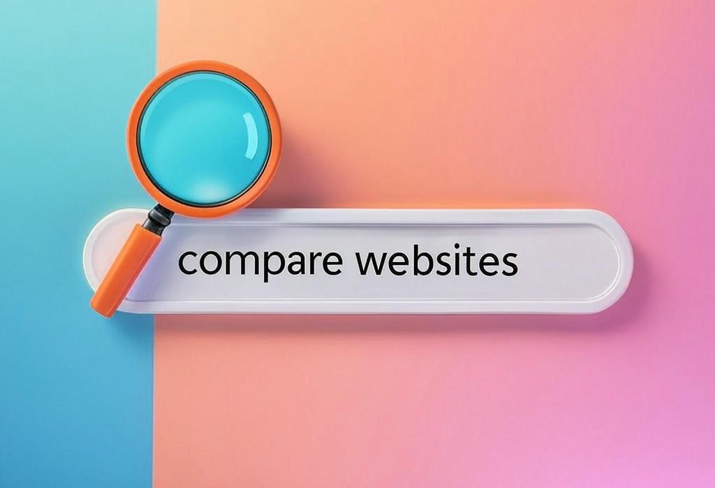 A search bar and a magnifying glass with a vivid gradient background exploring the topic of Compare websites like a pro! Discover powerful tools and simple techniques to analyze your competitors, find gaps in your strategy, and boost your online performance. Get started now!