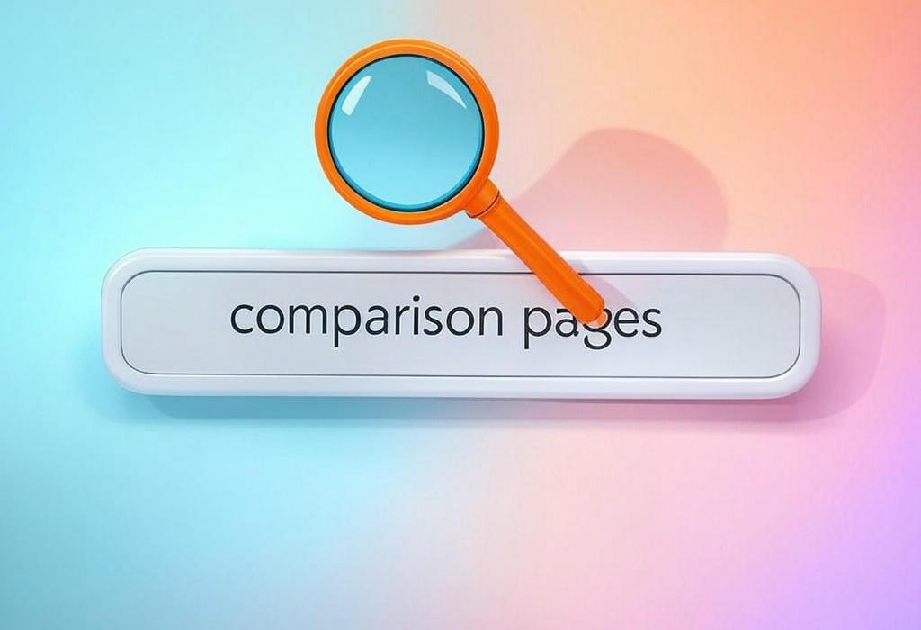 A search bar and a magnifying glass with a vivid gradient background exploring the topic of Comparison pages made easy! Discover proven tips to create engaging side-by-side content that converts visitors into customers. Stop losing sales to competitors today!