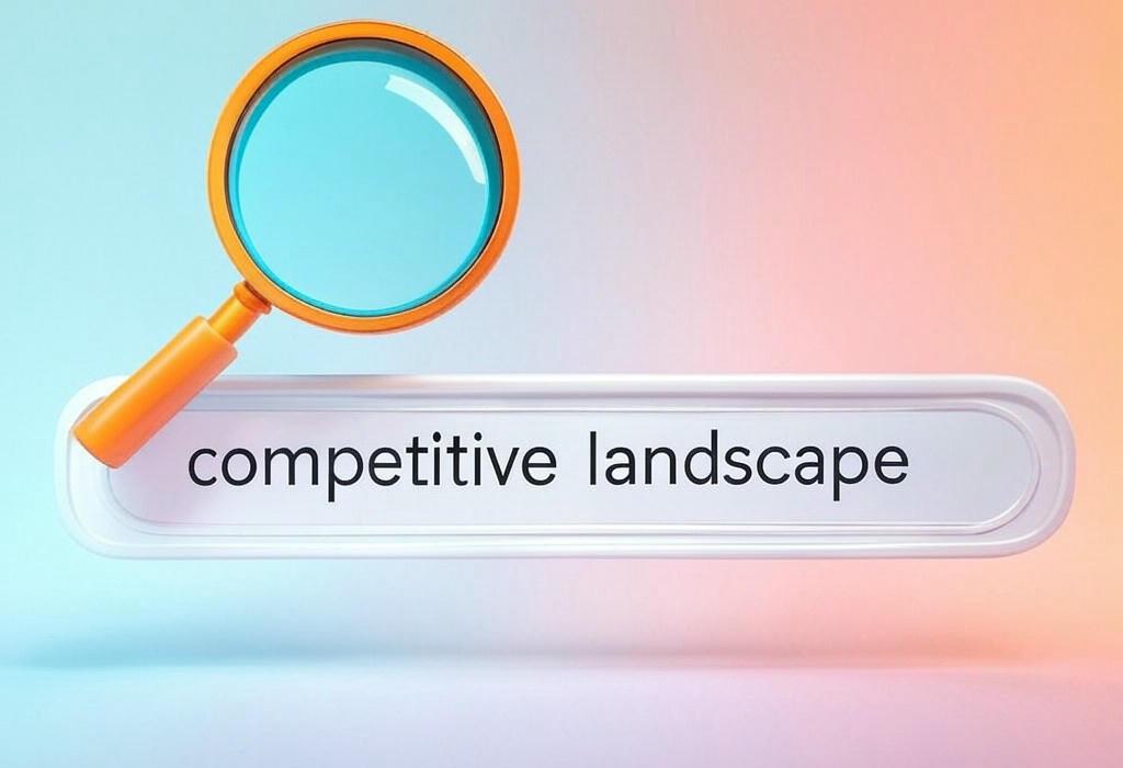 A search bar and a magnifying glass with a vivid gradient background exploring the topic of Competitive landscape analysis reveals your secret weapon for business success. Discover how to outshine rivals and capture untapped market opportunities. Stand out or get left behind!