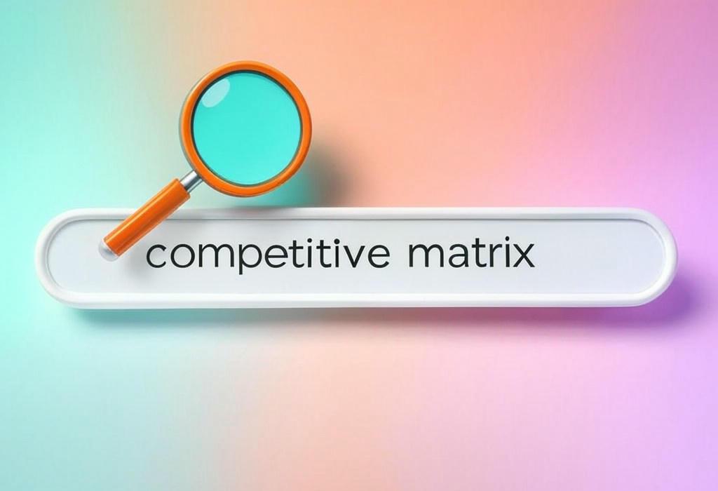A search bar and a magnifying glass with a vivid gradient background exploring the topic of Competitive matrix: Uncover your rivals' secrets and gain the upper hand! Learn how to build strategic comparisons that turn market insights into your biggest business advantage.