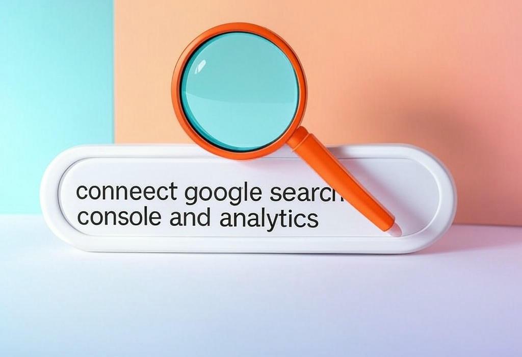 A search bar and a magnifying glass with a vivid gradient background exploring the topic of Connect Google Search Console and Analytics in just minutes! Unlock powerful data insights to boost your website performance and grow your traffic. The secret every smart marketer knows.
