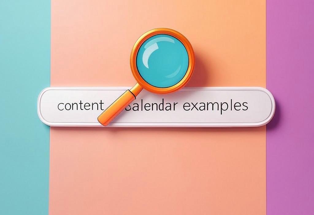 A search bar and a magnifying glass with a vivid gradient background exploring the topic of Looking for content calendar examples that actually work? Discover top templates and strategies to skyrocket your content planning. Stop winging it and start winning at content!