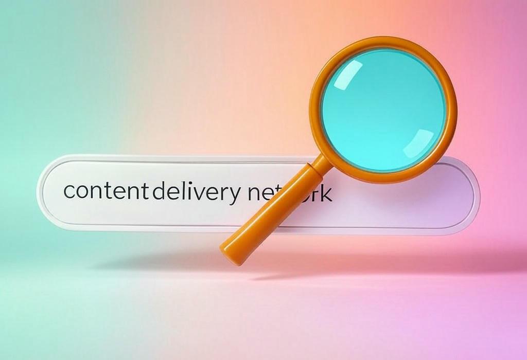 A search bar and a magnifying glass with a vivid gradient background exploring the topic of Content delivery networks speed up your website by serving files from nearby servers. Discover how CDNs improve load times and enhance user experience in just seconds.