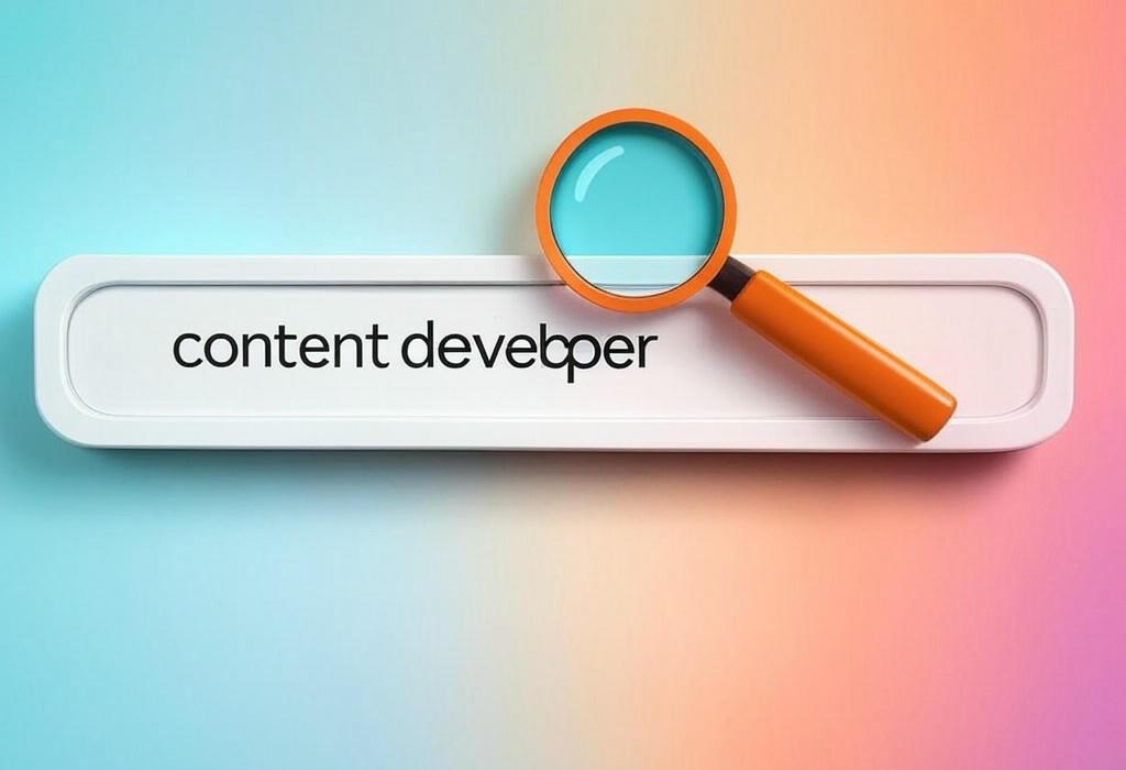 A search bar and a magnifying glass with a vivid gradient background exploring the topic of Content developers transform ideas into compelling digital assets. Uncover the secrets to creating engaging websites, blogs, and social media that captivate your audience and boost conversions!