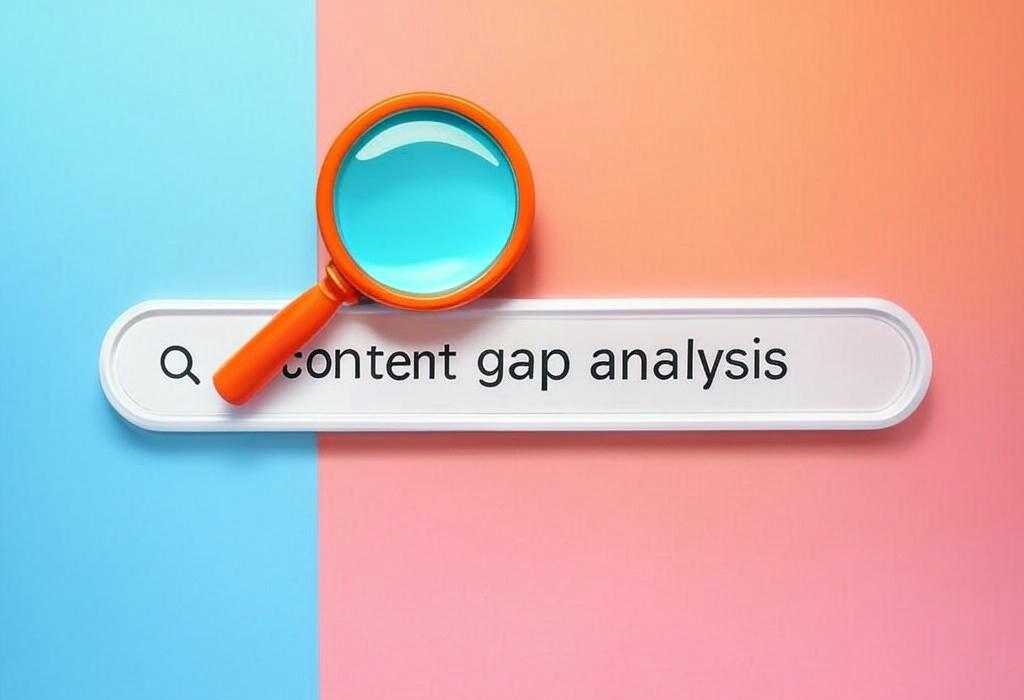 A search bar and a magnifying glass with a vivid gradient background exploring the topic of Content gap analysis reveals what your competitors rank for but you don't. Uncover hidden opportunities and boost your SEO strategy with our simple guide to outranking the competition!