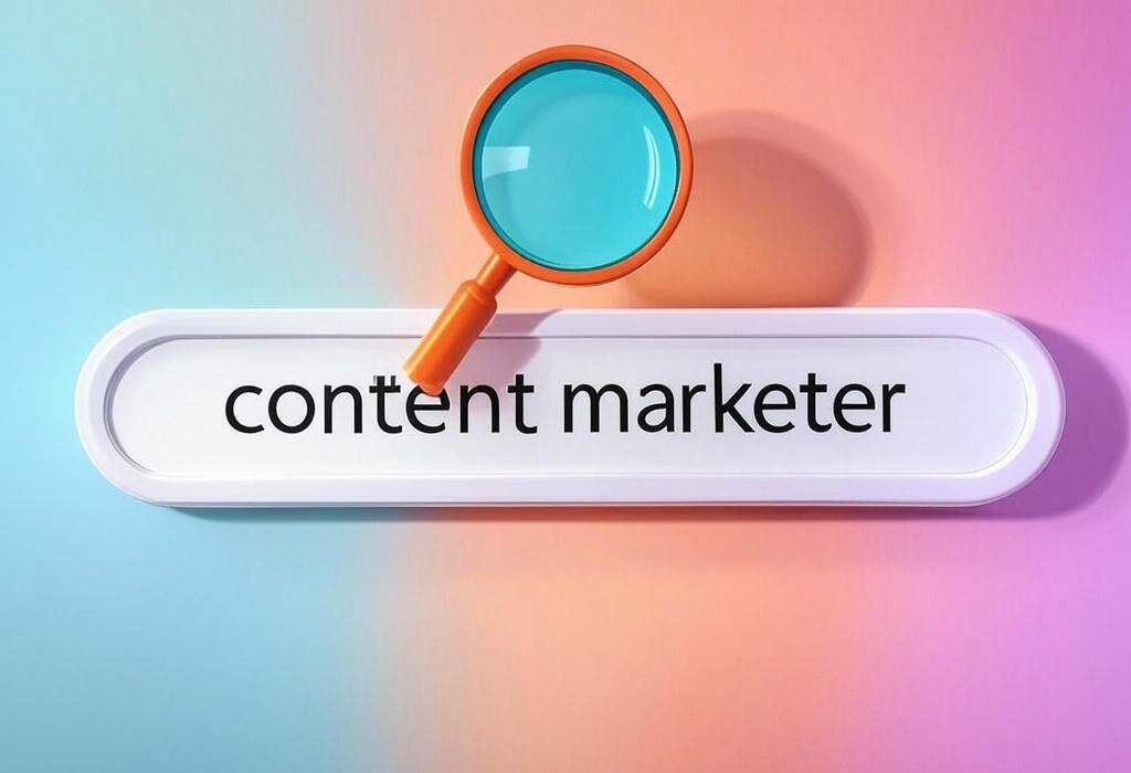 A search bar and a magnifying glass with a vivid gradient background exploring the topic of A content marketer turns ideas into traffic-driving gold. Learn how to craft irresistible stories that captivate audiences, boost conversions, and position your brand as the authority everyone trusts.