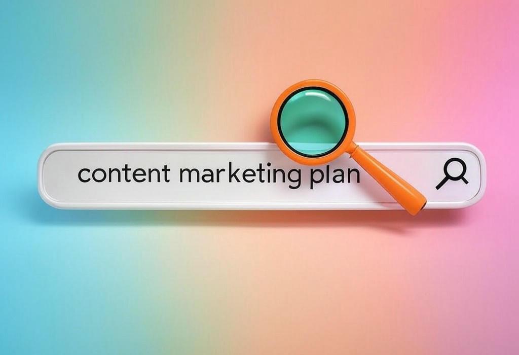 A search bar and a magnifying glass with a vivid gradient background exploring the topic of Create a content marketing plan that ignites engagement, converts leads, and drives real results. Learn how to craft a strategy that sets you apart from competitors!