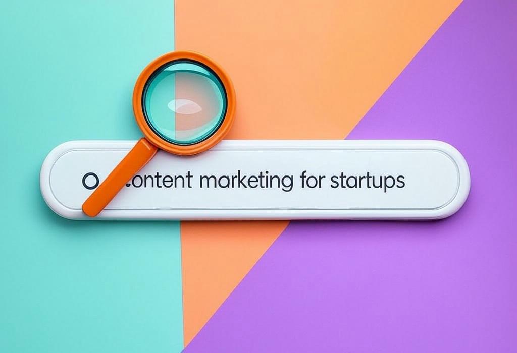 A search bar and a magnifying glass with a vivid gradient background exploring the topic of Content marketing for startups doesn't have to be complicated. Discover proven strategies to grow your audience, boost visibility, and drive conversions without breaking the bank!