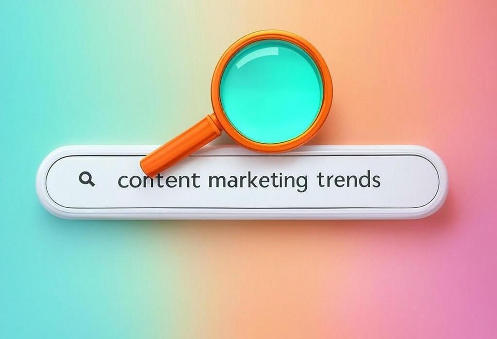 A search bar and a magnifying glass with a vivid gradient background exploring the topic of Content marketing trends are evolving fast! Discover the latest strategies that top brands use to engage audiences and boost ROI. Stay ahead of competitors with these game-changing tactics.