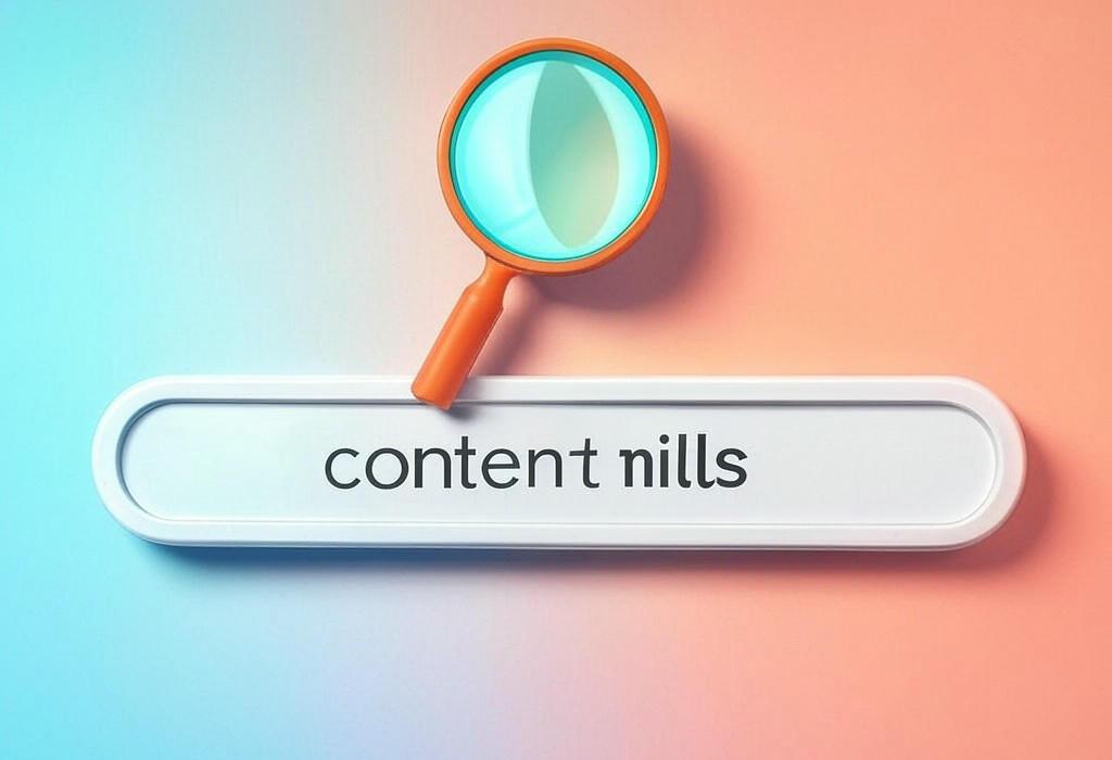 A search bar and a magnifying glass with a vivid gradient background exploring the topic of Content mills: Discover the shocking truth behind these low-paying writing factories. Are they worth your time or just a race to the bottom? Find out now before you make a costly mistake.