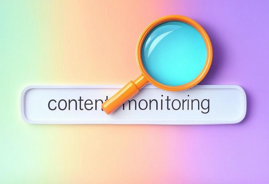 A search bar and a magnifying glass with a vivid gradient background exploring the topic of Content monitoring made simple! Discover powerful tools and strategies to track your online presence, protect your brand, and stay ahead of competitors. Boost your visibility today.