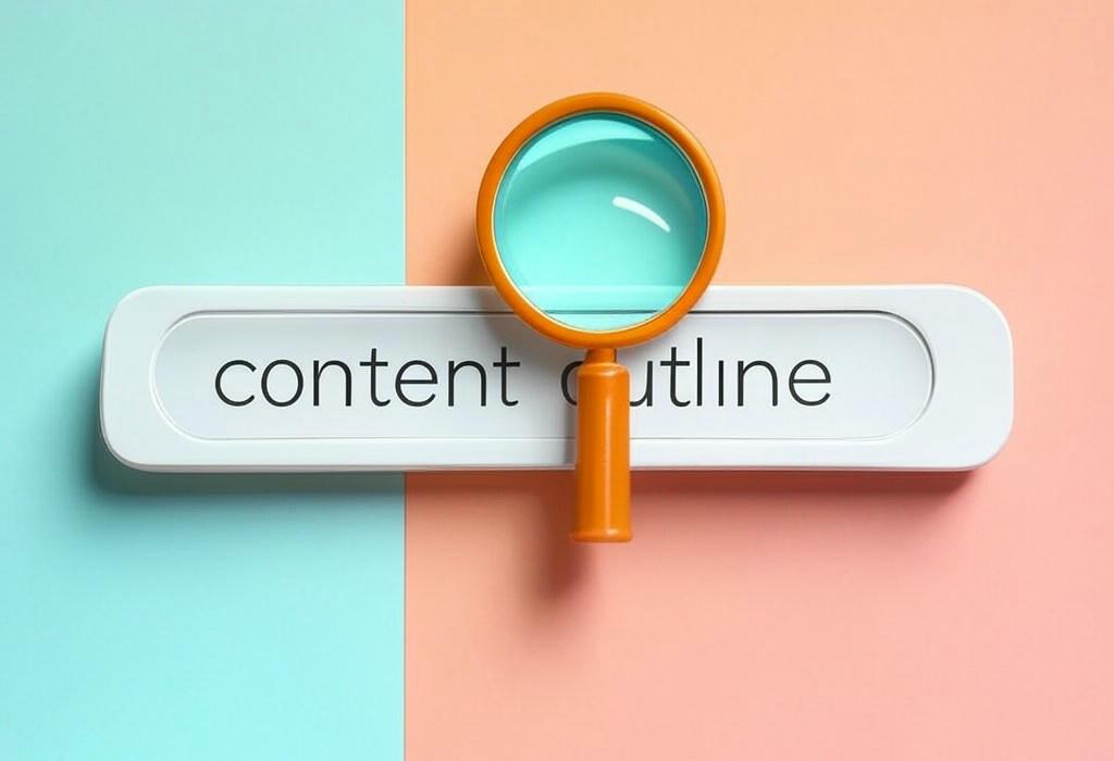 A search bar and a magnifying glass with a vivid gradient background exploring the topic of Content outlines transform messy ideas into clear, structured plans. Learn how to create outlines that organize your thoughts, save time, and boost the quality of your content every time.