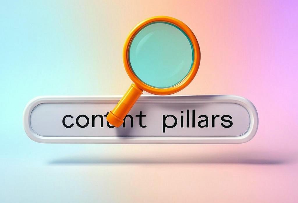 A search bar and a magnifying glass with a vivid gradient background exploring the topic of Content pillars organize your strategy into powerful hubs that connect related topics. Learn how to build them right and watch your website soar in rankings and authority!