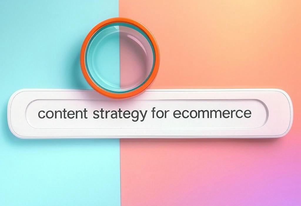 A search bar and a magnifying glass with a vivid gradient background exploring the topic of Content strategy for ecommerce doesn't have to be complicated! Discover proven tactics to boost sales and engage customers with our easy-to-follow guide. Stop guessing, start converting!
