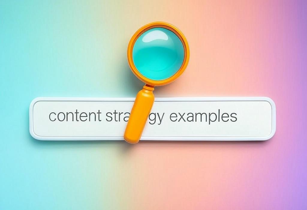A search bar and a magnifying glass with a vivid gradient background exploring the topic of Content strategy examples that transformed tiny websites into traffic machines. Get inspired by real success stories and apply these proven tactics to your own site!