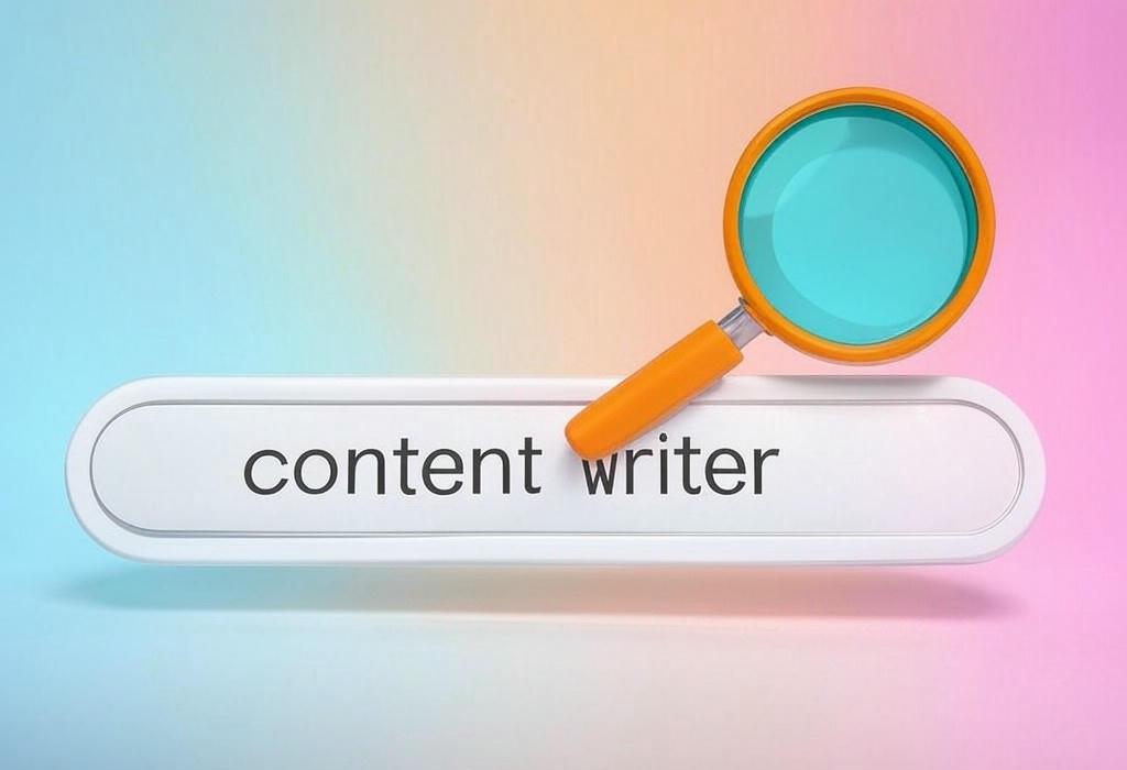 A search bar and a magnifying glass with a vivid gradient background exploring the topic of Content writers transform blank pages into compelling stories that captivate readers. Discover skills and tips to craft amazing content that drives traffic and builds your brand!