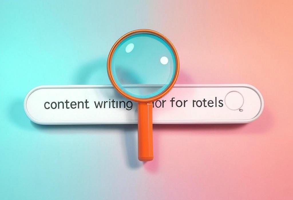 A search bar and a magnifying glass with a vivid gradient background exploring the topic of Content writing for hotels made easy! Discover killer strategies to craft compelling copy that books more guests and boosts revenue. Your secret weapon for standout hospitality marketing.