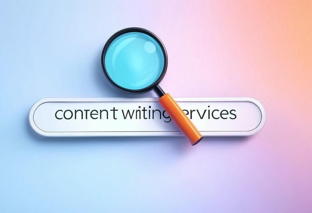 A search bar and a magnifying glass with a vivid gradient background exploring the topic of Content writing services that transform your ideas into engaging copy. Boost your online presence with our expert writers who deliver quality content that converts. Click to learn more!