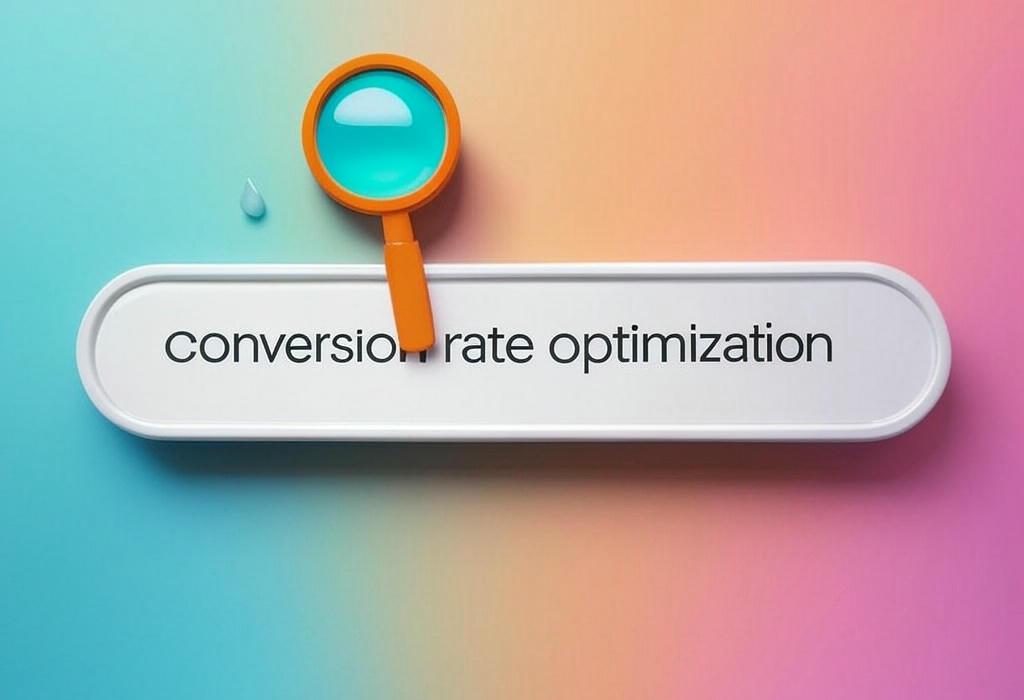 A search bar and a magnifying glass with a vivid gradient background exploring the topic of Conversion rate optimization is the secret weapon smart brands use to turn browsers into buyers. Learn proven tactics to boost your website's performance without breaking the bank!