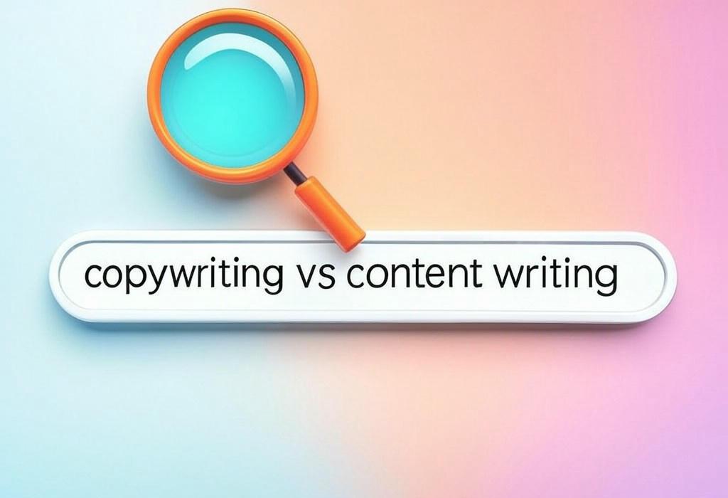 A search bar and a magnifying glass with a vivid gradient background exploring the topic of Copywriting vs content writing: Uncover the secret differences that top marketers know and use to double their results. Master both skills to skyrocket your online success!