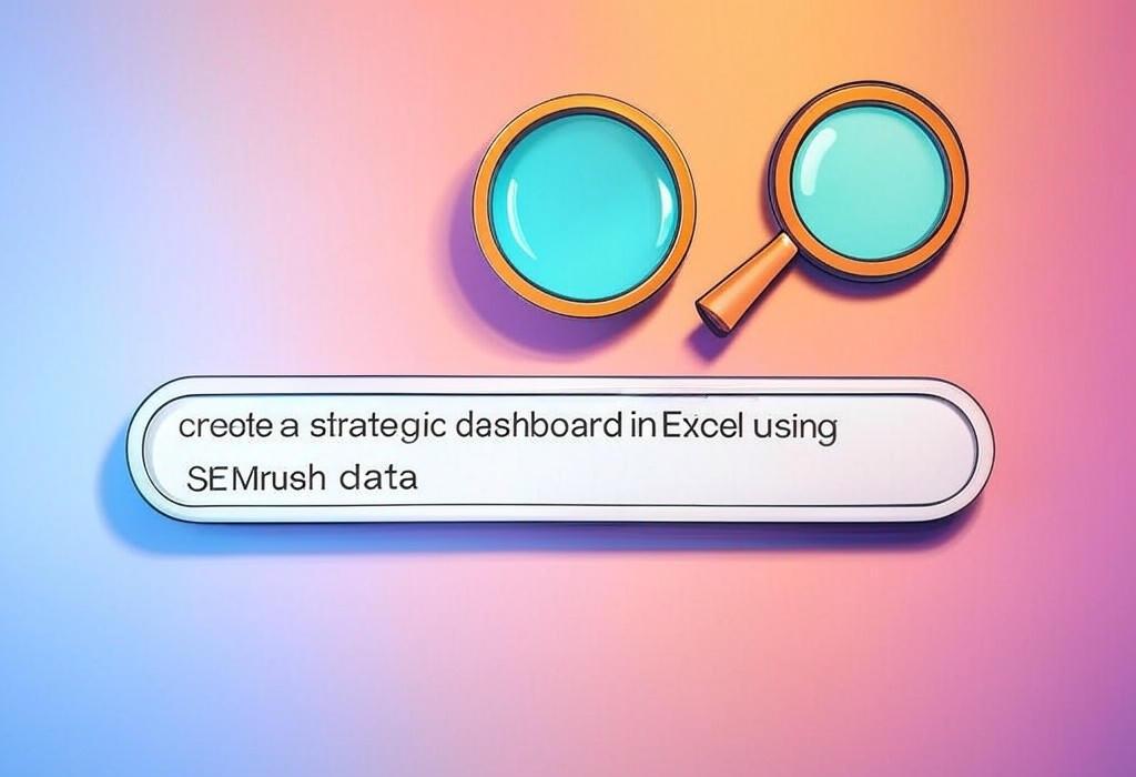 A search bar and a magnifying glass with a vivid gradient background exploring the topic of Create a strategic dashboard in Excel using SEMrush data with our simple step-by-step guide. Transform raw metrics into actionable insights that will skyrocket your marketing results!
