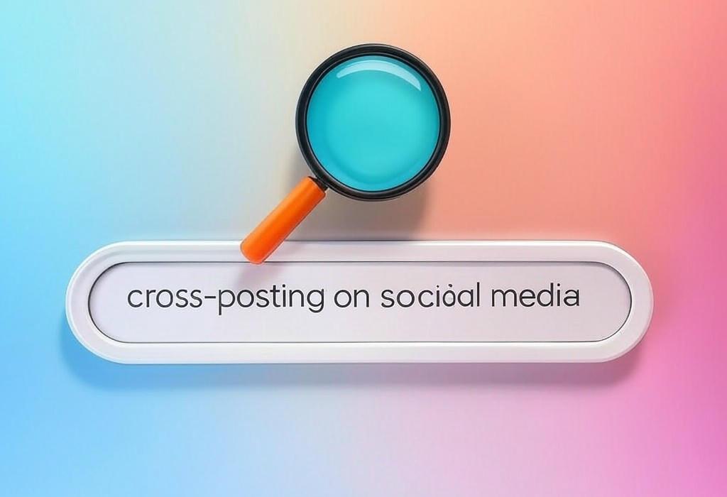 A search bar and a magnifying glass with a vivid gradient background exploring the topic of Cross-posting on social media saves time but could hurt your reach. Learn the smart way to share content across platforms without annoying your followers.